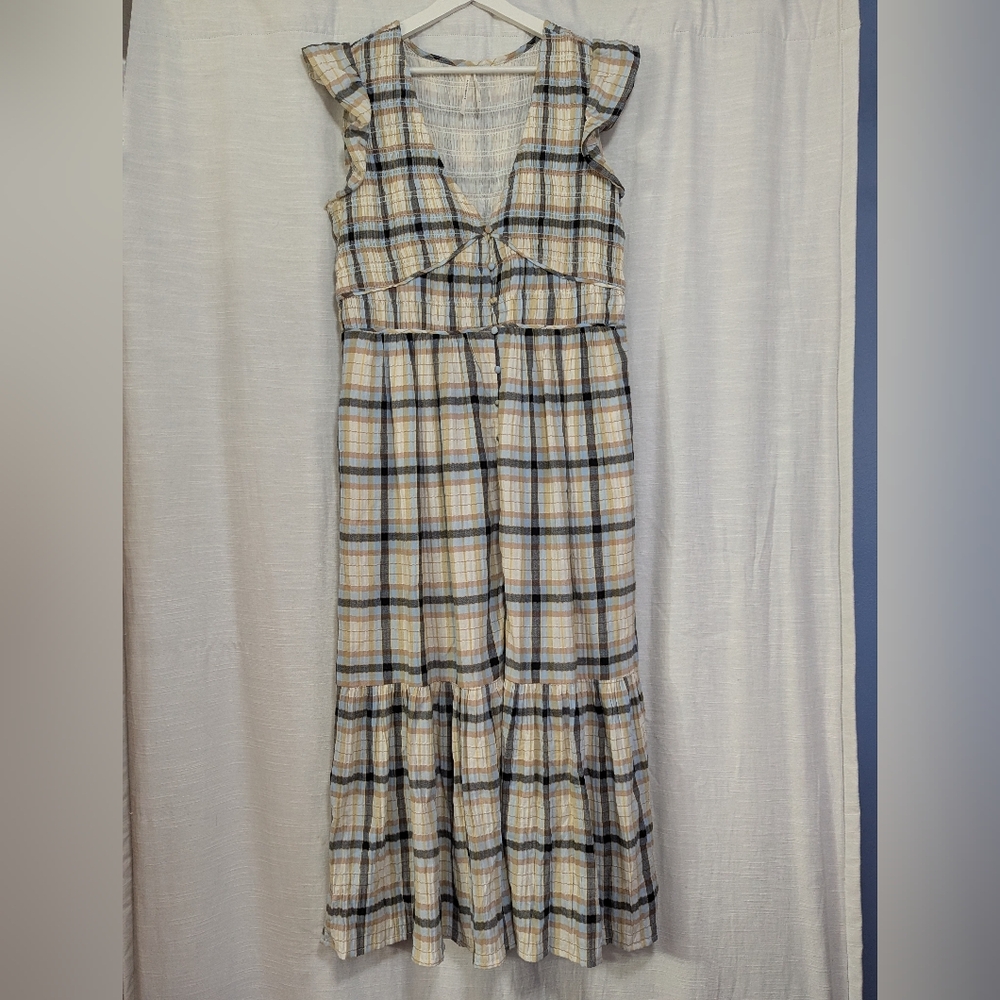 Anthropologie Plaid Gathered Button Front Long Lined A-line Dress L